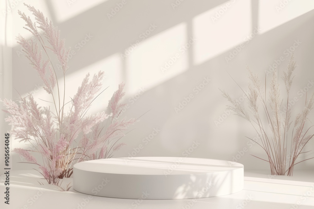 Fototapeta premium white minimalistic podium for product presentation with delicate plant fragments, sunlight and shadows, background for cosmetic and other products