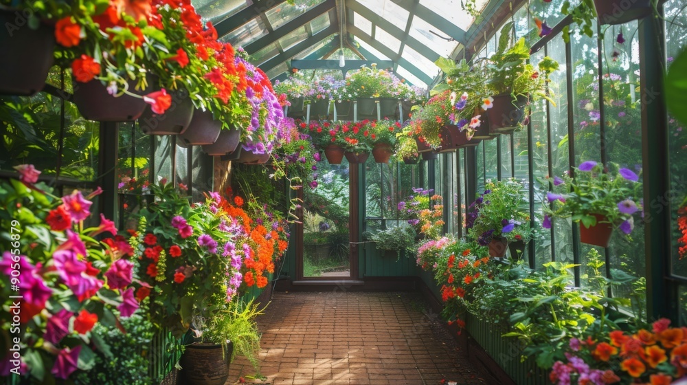 A bright greenhouse filled with an array of colorful flowers hanging from pots and blooming on shelves, creating a vibrant atmosphere in a tranquil spring setting. A bright greenhouse filled with an array of colorful flowers hanging from pots and blooming on shelves, creating a vibrant atmosphere in a tranquil spring setting.