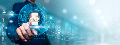 Принти на полотні Digital Payments: Businessman touching connect to data information on cyberspace, online transactions, mobile wallets, secure payment gateways, cryptocurrency, contactless payments