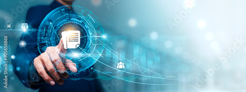 Εκτύπωση καμβά Document Management: Businessman touching connect to data information on cyberspace, document storage, version control, secure access, workflow automation, collaboration tools