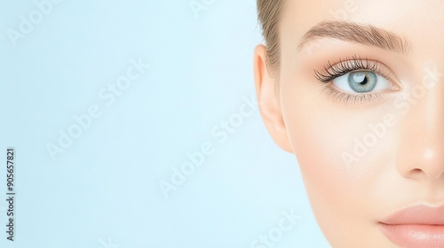 Close-up of a woman's radiant face with flawless skin, highlighting health and beauty.