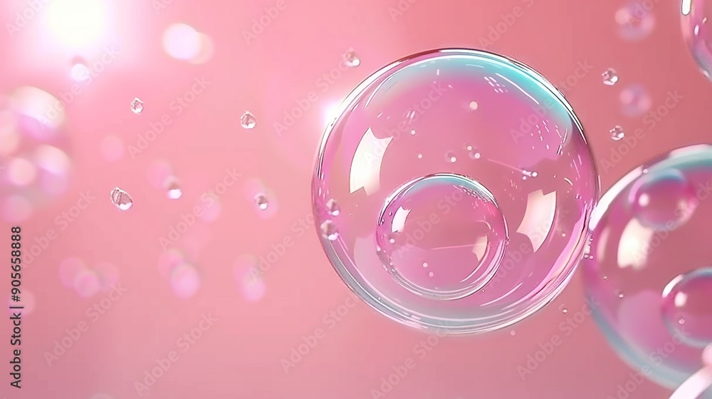 Bubbles floating on pink surface with bright light in background and bubbles in foreground Bubbles floating on pink surface with bright light in background and bubbles in foreground