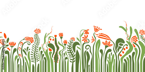 Abstract floral horizontal background with flowers with a long stem, footstalk, botanical banner, contemporary art in bauhaus, groovy style