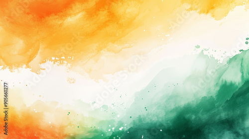Watercolor abstract background in trendy collage style in saffron, white and green colors. Indian flag background. Independence day of India 