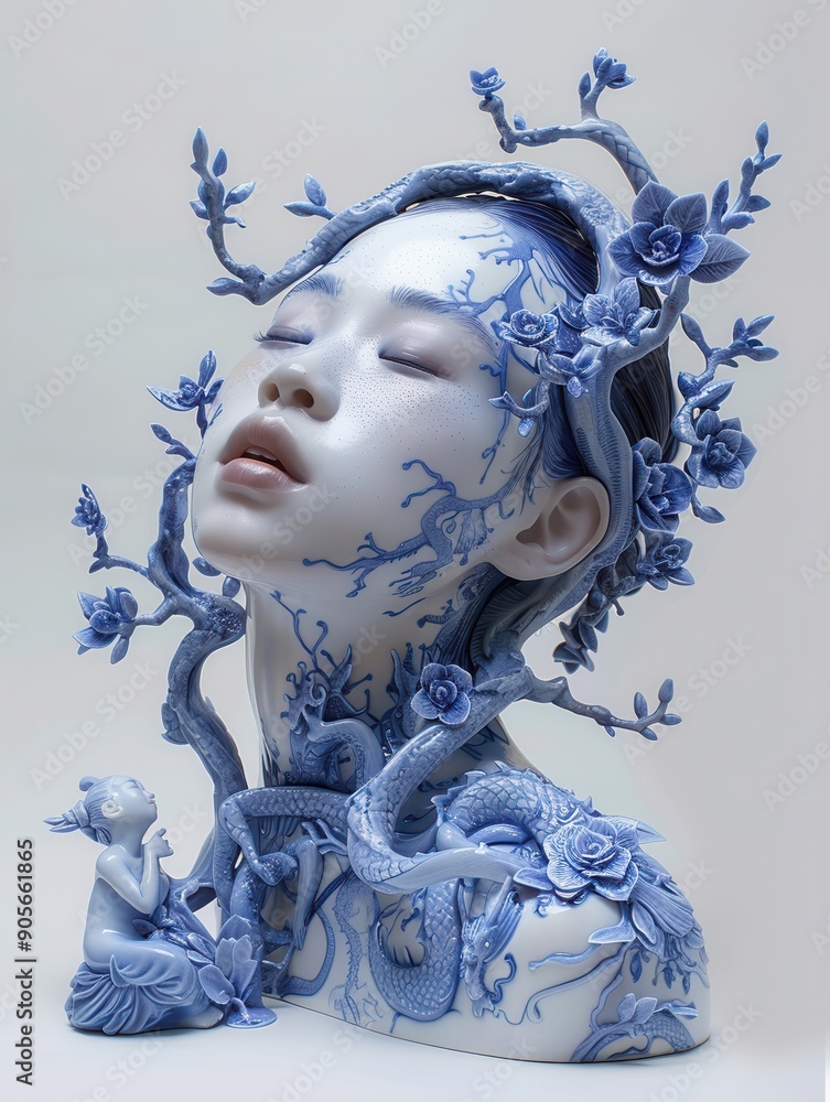 Stunning blue porcelain sculpture capturing the beauty of nature and humanity intertwined. Perfect for art, design, and contemporary decor projects. Stunning blue porcelain sculpture capturing the beauty of nature and humanity intertwined. Perfect for art, design, and contemporary decor projects.