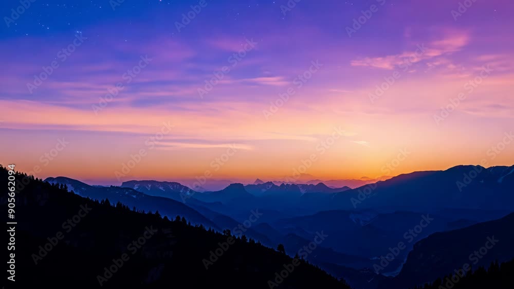 Timelapse of the sun rising over a mountain range, the sky transitioning from dark to light as colors change from deep blues to vibrant oranges and pinks. Dramatic sky, heaven, changing, tranquility Timelapse of the sun rising over a mountain range, the sky transitioning from dark to light as colors change from deep blues to vibrant oranges and pinks. Dramatic sky, heaven, changing, tranquility