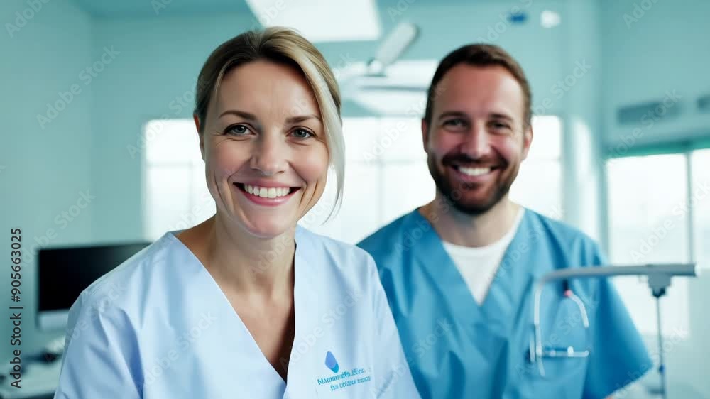 Close up video of two professional veterinarian petting her doggy patient after a successful operation or appointment. They smiles looking at the camera Close up video of two professional veterinarian petting her doggy patient after a successful operation or appointment. They smiles looking at the camera