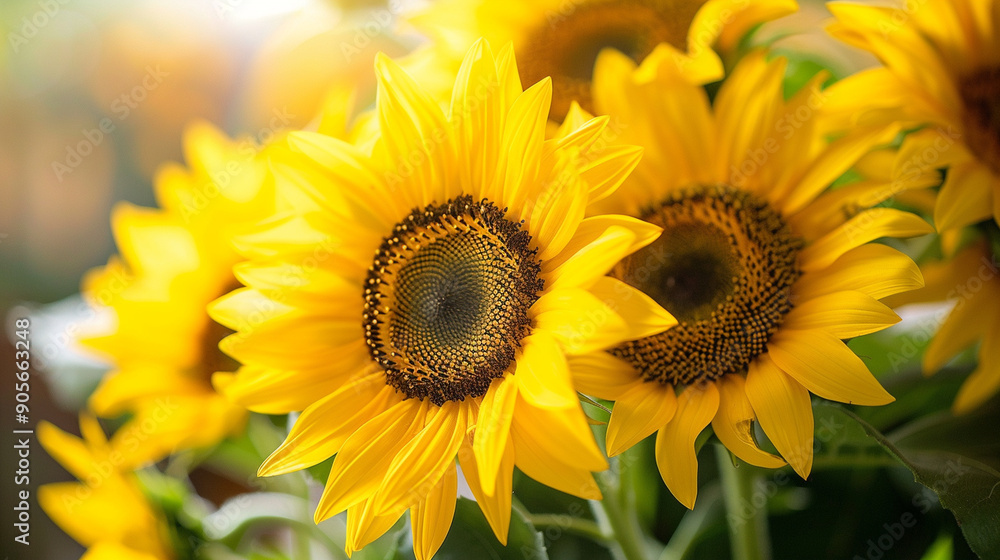Fototapeta premium Close-up of a bouquet of sunflowers with abstract, intricate centers and bright yellow petals