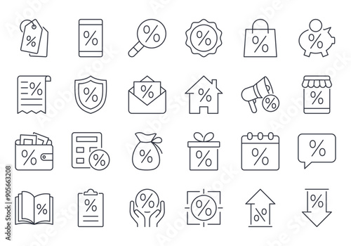 Vector icons discounter sale. Bank interest rate, promotional discount offer. Favorable price, interest on loan, mortgage and gift, email newsletter. Editable stroke thin line black set on white back