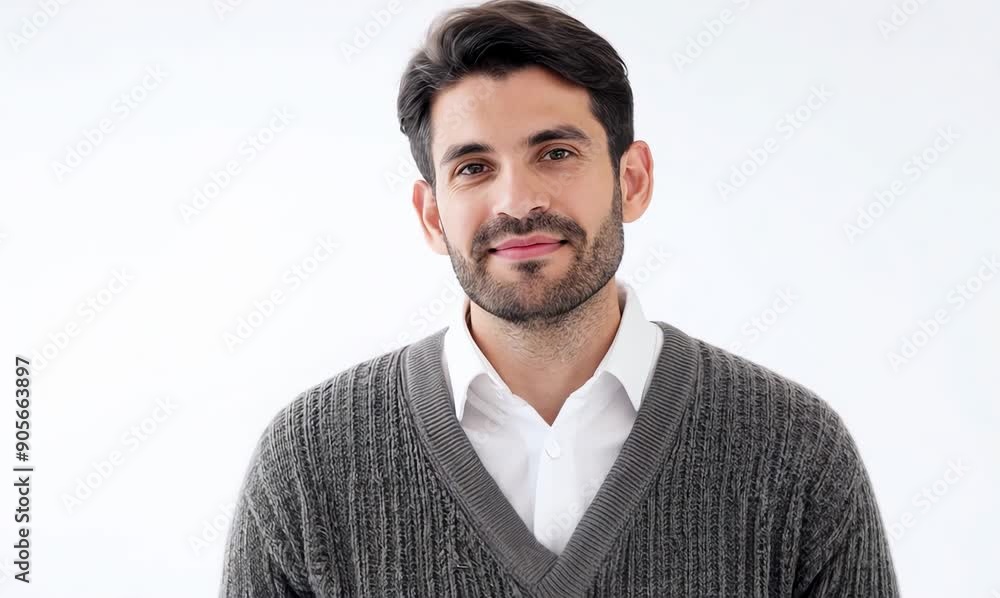 Close-up portrait video of a satisfied man in his 30s that is wearing a chic cardigan against a white background Close-up portrait video of a satisfied man in his 30s that is wearing a chic cardigan against a white background