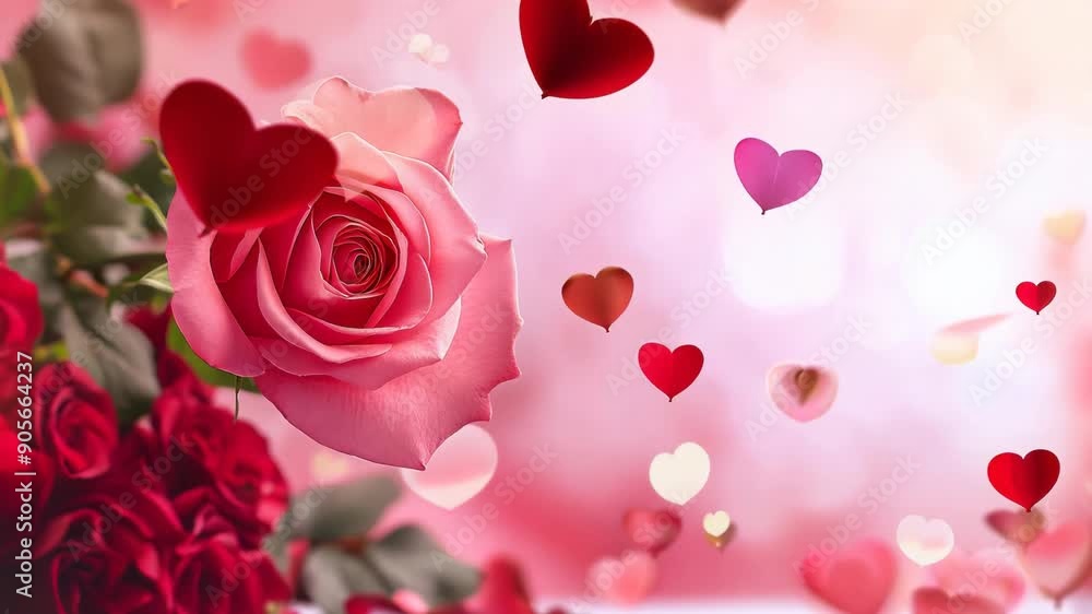 Red roses and floating heart shapes on pink background, romantic Valentine's Day Red roses and floating heart shapes on pink background, romantic Valentine's Day