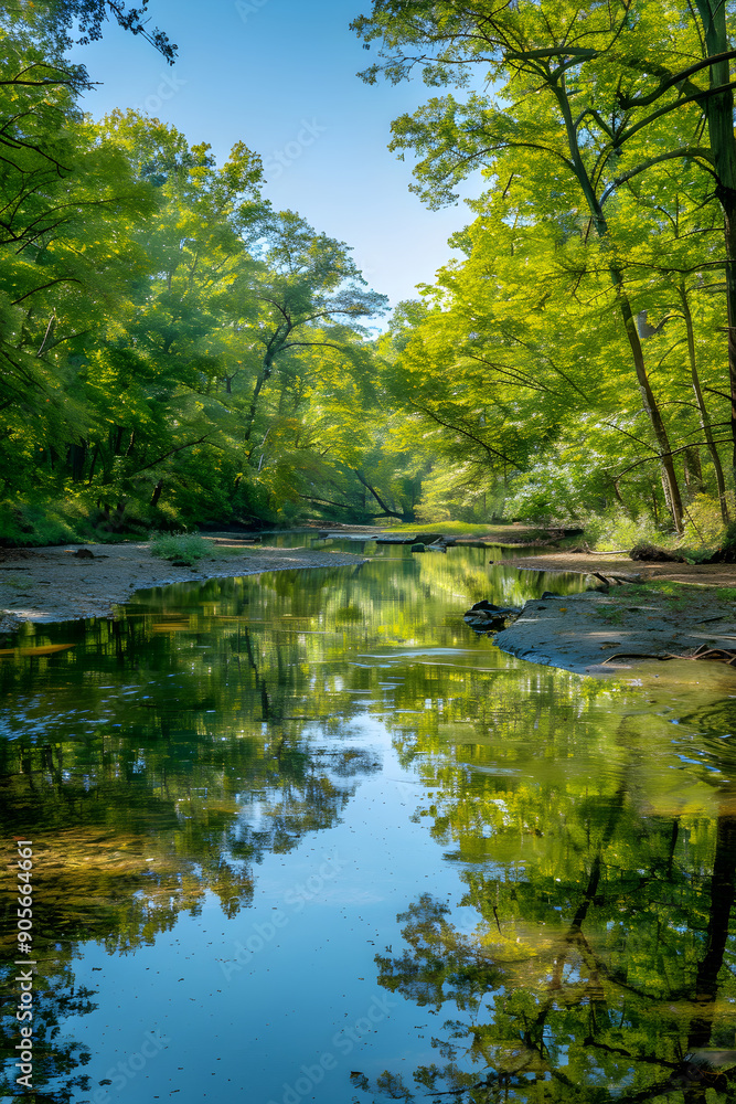 Tranquil River Amidst Lush Forests Reflecting Sky: A Serene Natural Landscape of Pure Wilderness Tranquil River Amidst Lush Forests Reflecting Sky: A Serene Natural Landscape of Pure Wilderness