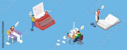 3D Isometric Flat Vector Illustration of Writers Or Poets , Literature as Hobby or Profession