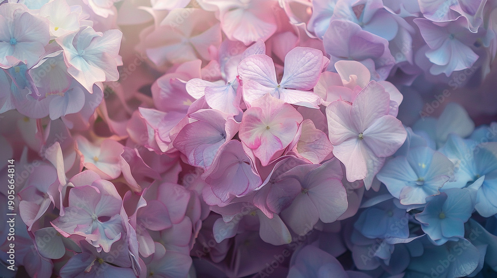 Close-up of a bouquet of hydrangeas with abstract, clustered petals and soft hues Close-up of a bouquet of hydrangeas with abstract, clustered petals and soft hues