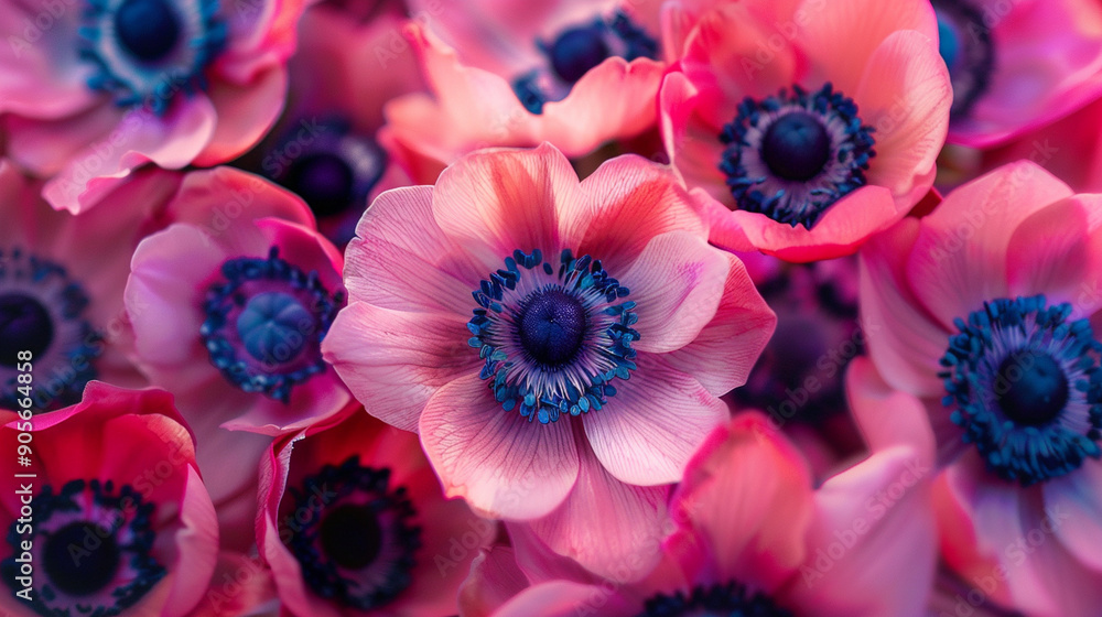Fototapeta premium Close-up of a bouquet of anemones with abstract, dark centers and bright petals