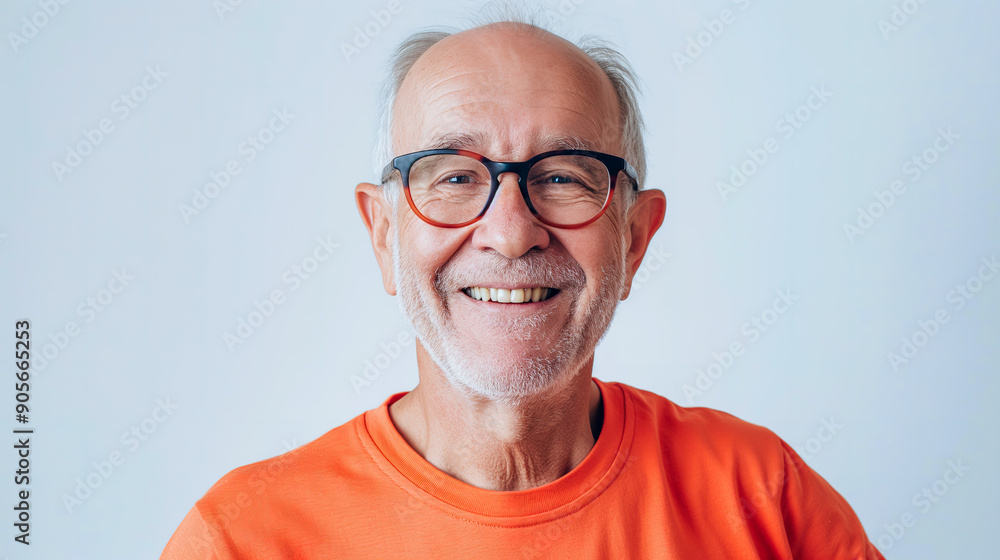 happy senior man wearing an orange t-shirt and eyeglasses isolated on a white background happy senior man wearing an orange t-shirt and eyeglasses isolated on a white background