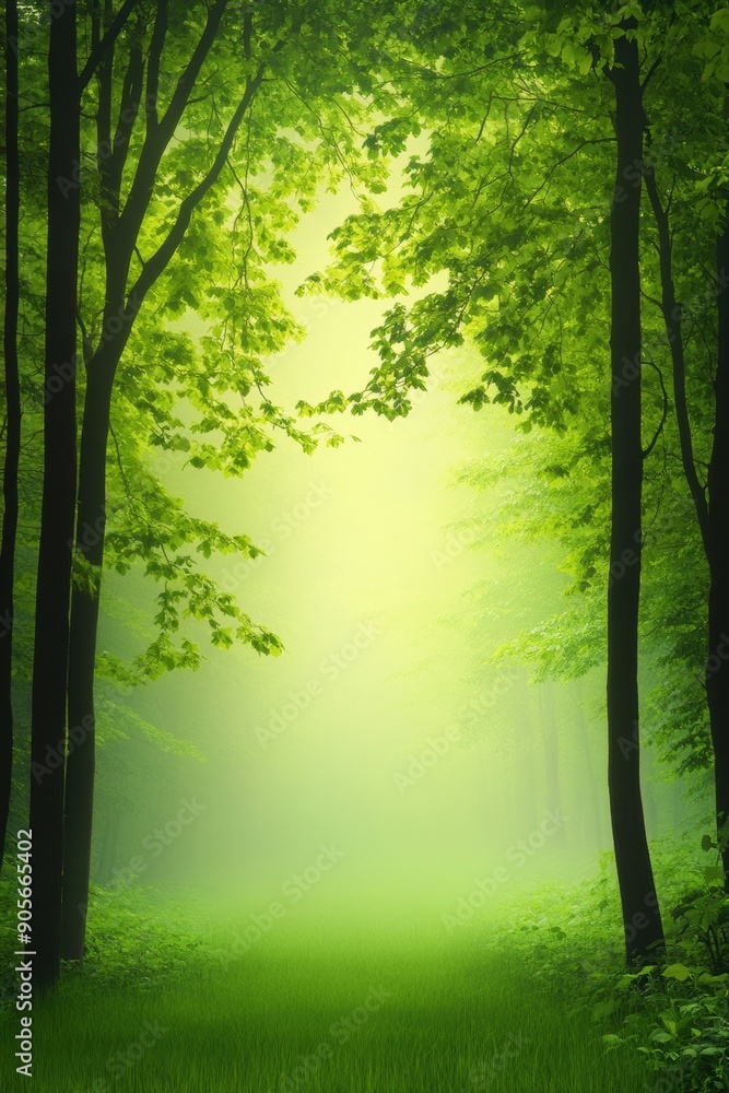 Obraz premium Serene forest pathway surrounded by lush greenery in soft morning light