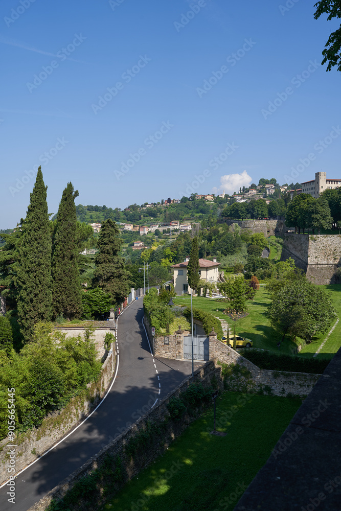 Fototapeta premium Bergamo, Italy - June 17, 2024 - the Upper Town with Venetian Walls 