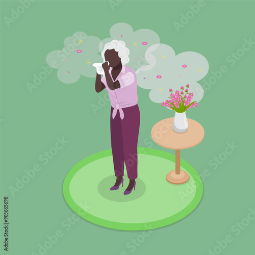3D Isometric Flat Vector Illustration of Pollen Allergy, Experiencing Allergy Symptoms During Springtime Blooms