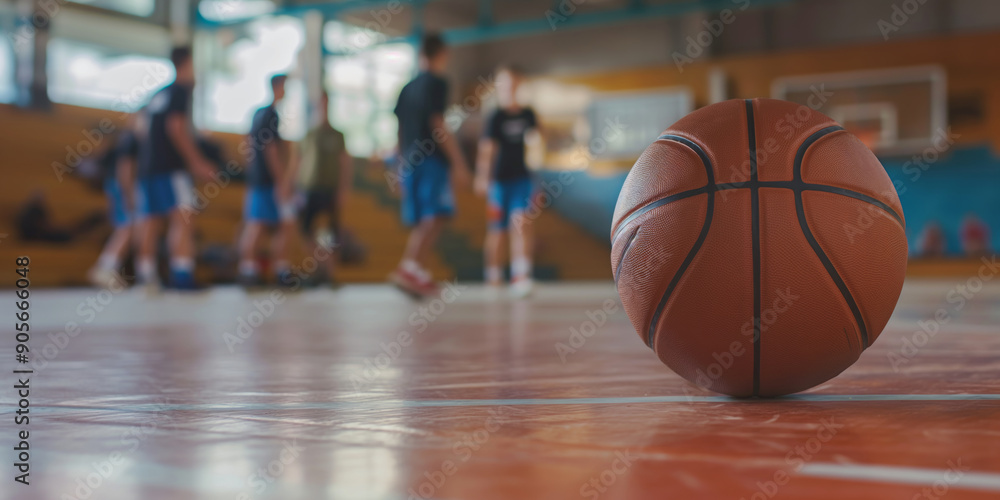 A basketball is sitting on the floor in front of a group of people. Scene is energetic and active, as the people are likely playing a game of basketball A basketball is sitting on the floor in front of a group of people. Scene is energetic and active, as the people are likely playing a game of basketball