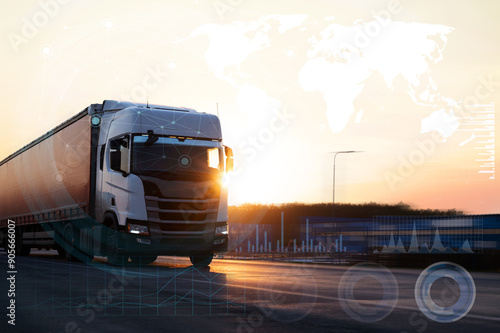 truck delivers cargo on the road using artificial intelligence technologies for traffic safety, unmanned delivery of the future