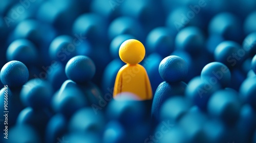 Yellow figure distinct among blue crowd for HR business strategy and organizational psychology