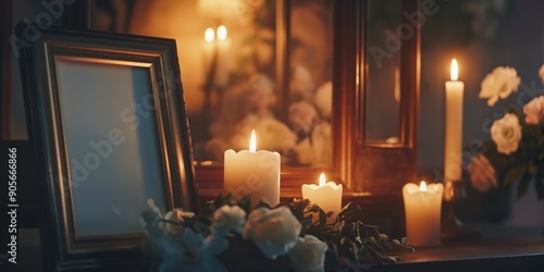 A candlelit table with a white frame and candles. The candles are lit and the table is set for a special occasion