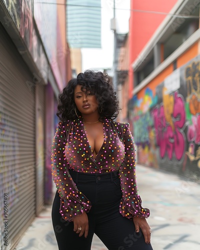 Confident Plus-Sized Woman Posing in a Colorful Urban Alley. Generative AI.