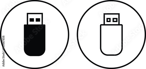 USB icon set. Flash disk flash drive flat and line black vector collection isolated on transparent background. Internet video. Console media storage, Computer Technology, charger, data transfer sign.