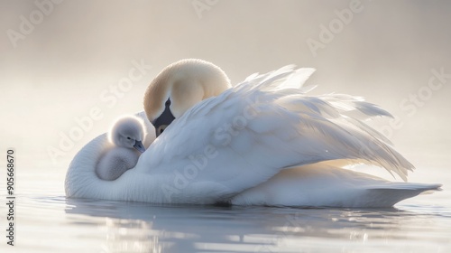 Fototapeta Naklejka Na Ścianę i Meble -  An adult swan tenderly embraces its baby cygnet, showcasing a beautiful and serene moment in nature, symbolizing love and protection. Copy space.