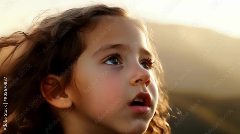 A teenage girl with curly blonde hair her mouth forming an O shape as she stares in awe at the natural beauty around her. The mountains in the background only add to the sense of A teenage girl with curly blonde hair her mouth forming an O shape as she stares in awe at the natural beauty around her. The mountains in the background only add to the sense of