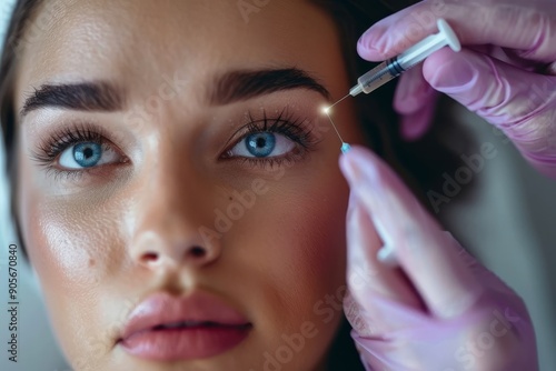 Beauty anti-wrinkle procedure. Beautiful young woman receiving hyaluronic acid injection, beautician holding syringe near female eyes, Generative AI