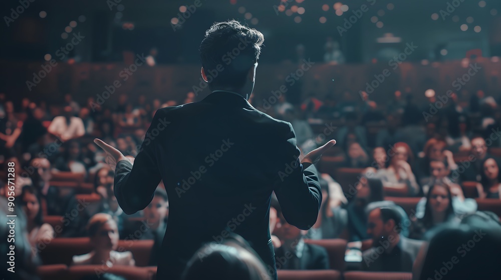 A confident speaker stands in front of an audience at the business conference, giving their presentation on stage. The hall is filled with people seated and listening attentively to their words. A confident speaker stands in front of an audience at the business conference, giving their presentation on stage. The hall is filled with people seated and listening attentively to their words.