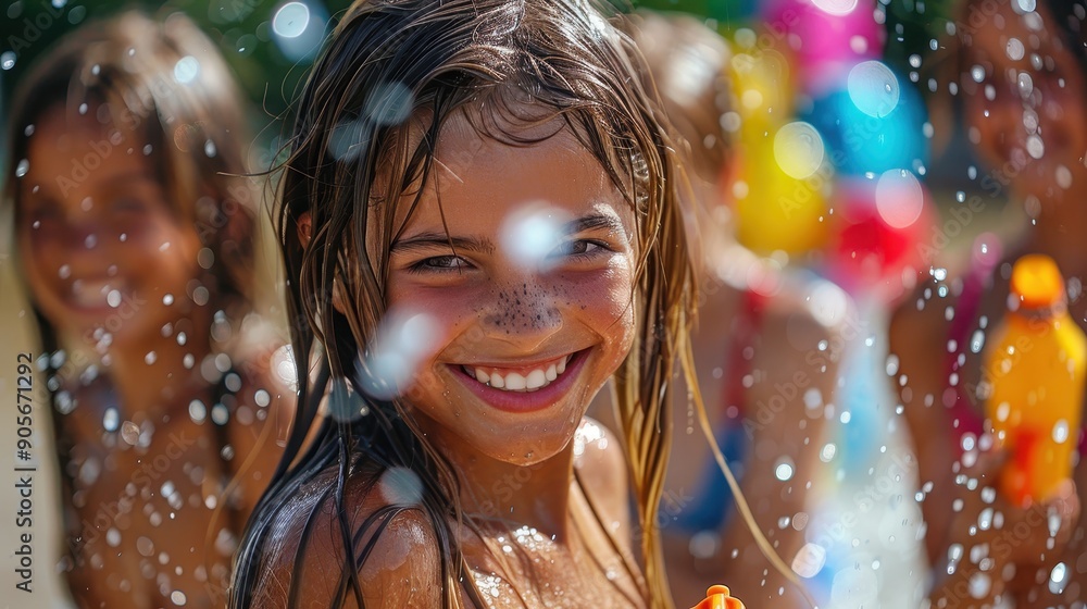 Children in swimsuits playing with water on a sunny day, surrounded by splashes and colorful toys, creating a lively and joyful atmosphere of fun and play. Children in swimsuits playing with water on a sunny day, surrounded by splashes and colorful toys, creating a lively and joyful atmosphere of fun and play.