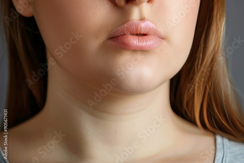 Closeup of woman showing second chin, problems with excess weight, demonstrating her cosmetic problem, need facial line correction, Generative AI photo