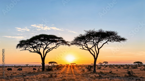 Stunning sunset over savanna with acacia trees and elephants. Generative AI image photo