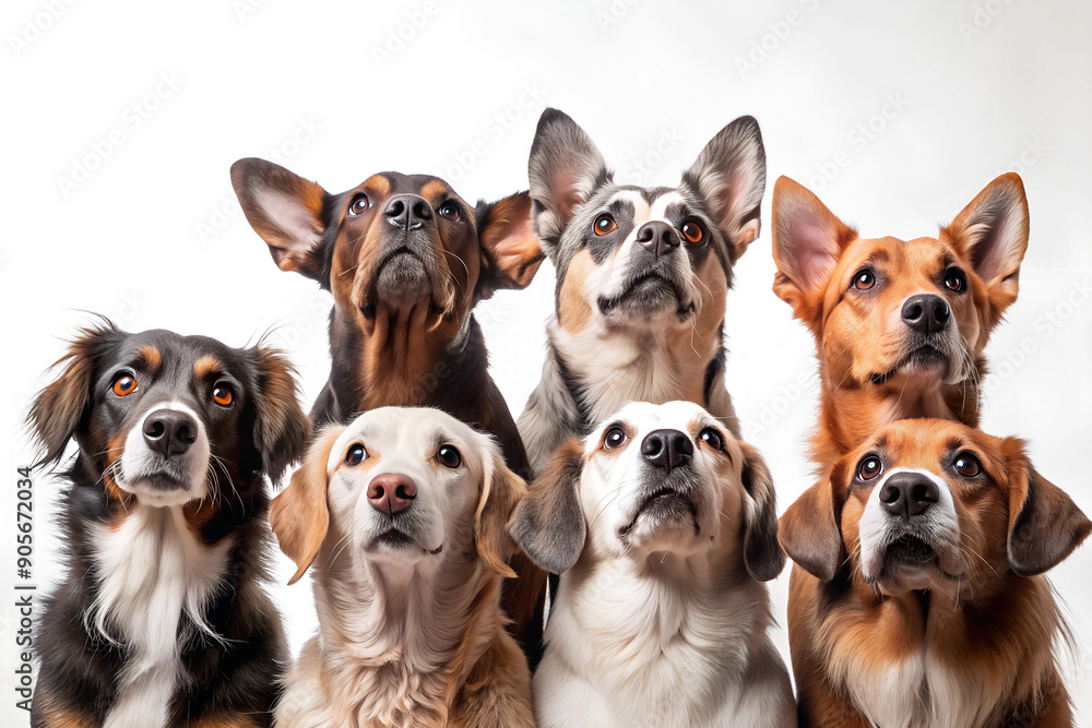 Group of Dogs of Different Breeds Looking Up While Waiting for Food, Group Portrait, pets, isolated, white background Group of Dogs of Different Breeds Looking Up While Waiting for Food, Group Portrait, pets, isolated, white background