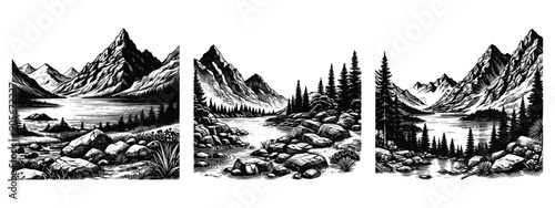 Wild natural landscape with mountains, lake, rocks. Black and white hand drawn vector illustration