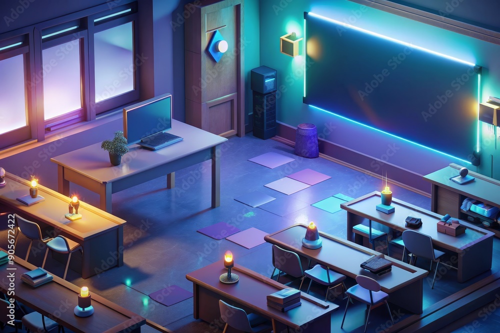 After-hours learning in a modern classroom with glowing lights and starry night sky After-hours learning in a modern classroom with glowing lights and starry night sky