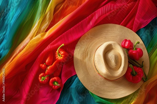 Straw Hat, Red Peppers, and Rainbow Fabric photo