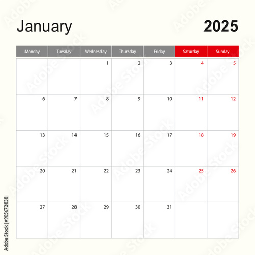 Wall calendar template for January 2025. Holiday and event planner, week starts on Monday