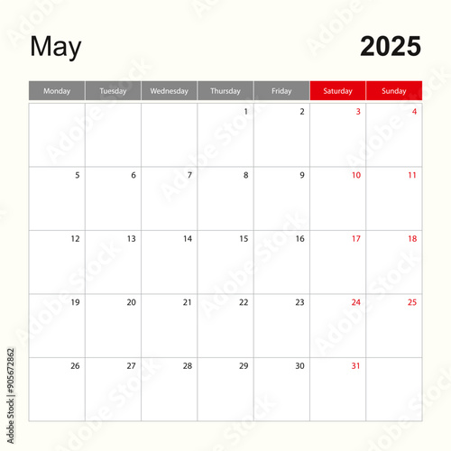 Wall calendar template for May 2025. Holiday and event planner, week starts on Monday.