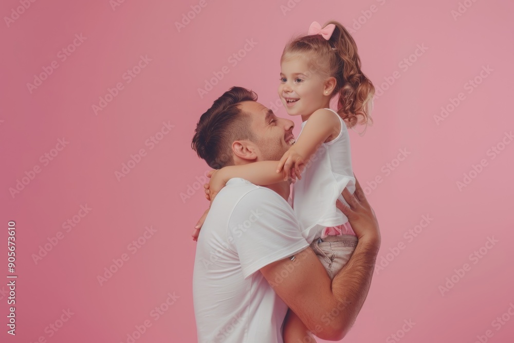 My future. Pretty child girl and her young happy dad, who is standing on his knee and embracing daughter on pink studio background, Generative AI My future. Pretty child girl and her young happy dad, who is standing on his knee and embracing daughter on pink studio background, Generative AI
