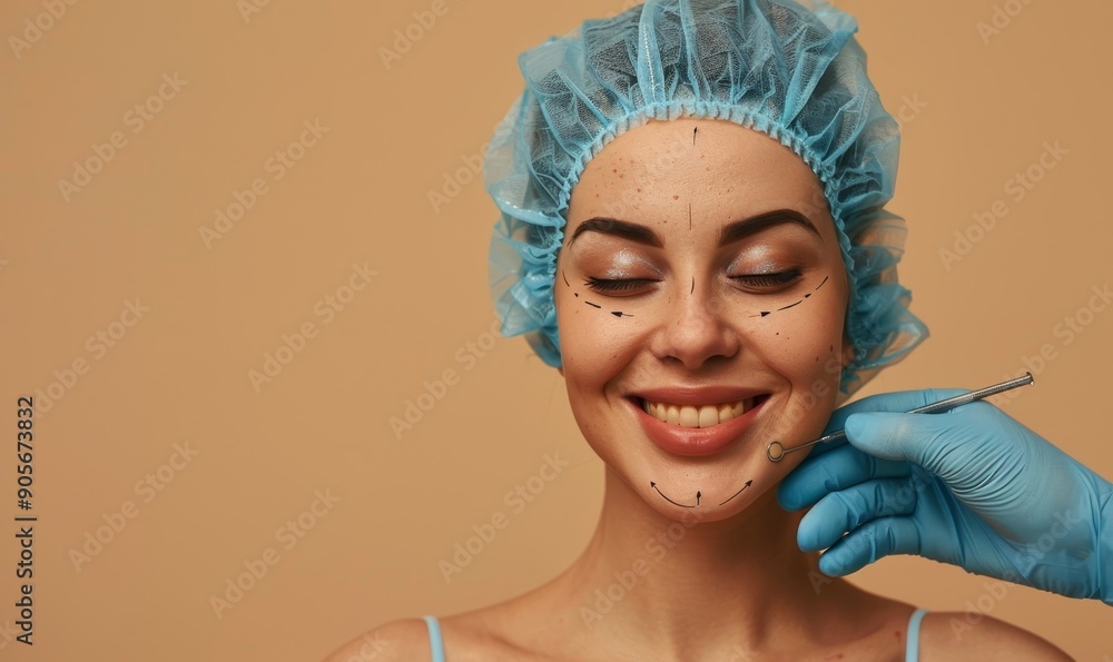 Happy young woman preparing for cosmetic surgery on beige background while doctor drawing markings on lady face, closeup, free space, Generative AI Happy young woman preparing for cosmetic surgery on beige background while doctor drawing markings on lady face, closeup, free space, Generative AI