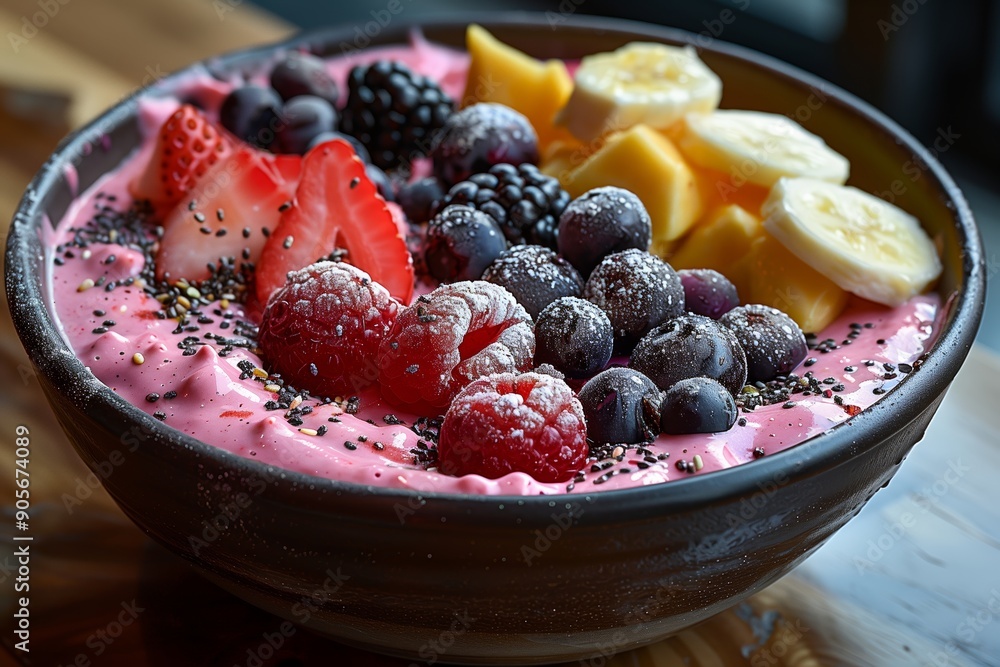 Colorful Fruit Bowl With Raspberries, Bananas, and Strawberries Served in a Rustic Setting Colorful Fruit Bowl With Raspberries, Bananas, and Strawberries Served in a Rustic Setting
