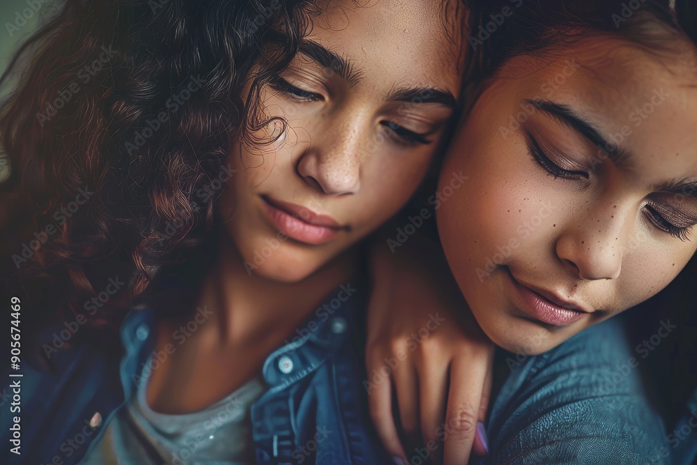 Empathic mom embracing calming down upset teen daughter helping and supporting, mother comforting and consoling girl, Generative AI Empathic mom embracing calming down upset teen daughter helping and supporting, mother comforting and consoling girl, Generative AI
