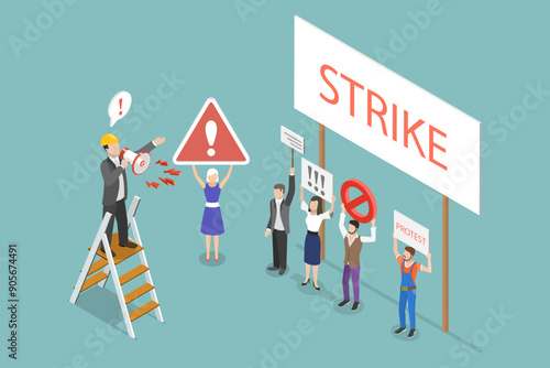 3D Isometric Flat Vector Illustration of Workers On Strike, Employees Protest of Payment and Working Conditions