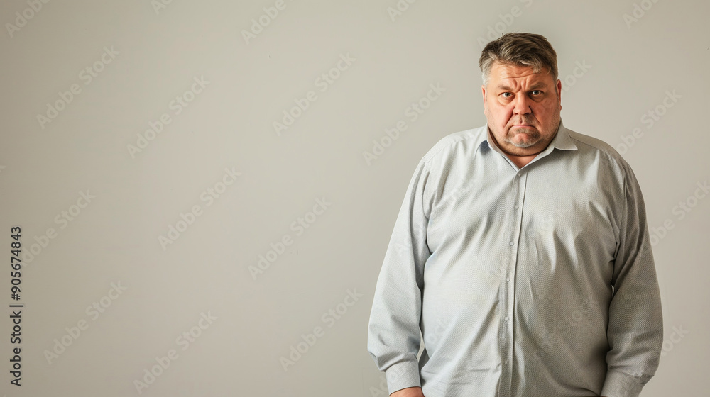 A large man in a pink shirt with folded arms, expressing sadness against a pink background A large man in a pink shirt with folded arms, expressing sadness against a pink background