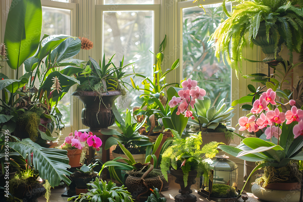 A Beautiful Indoor Garden Showcasing a Variety of Ornamental Plants in Stylish Pots and Terrariums Under Natural Light A Beautiful Indoor Garden Showcasing a Variety of Ornamental Plants in Stylish Pots and Terrariums Under Natural Light