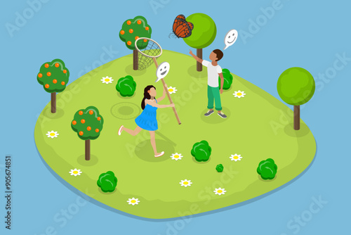 3D Isometric Flat Vector Illustration of Summer Games, Kids Capturing Fluttering Butterfly Using Net